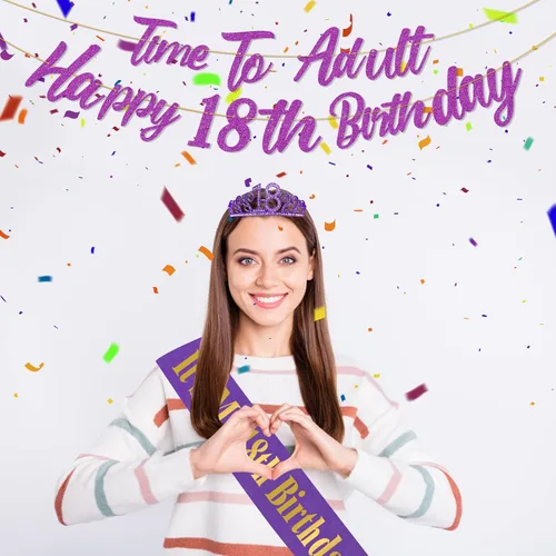 Vista 2 de Decoraciones moradas de cumpleaños número 18 para niñas, banda, tiara de 40 pulgadas, globos de papel de aluminio, globos de confeti de oro rosa