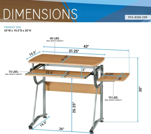 Vista 3 de Techni Mobili Escritorio compacto para computadora con estante lateral y panel de teclado, cereza, 43 x 19.5 x 30 pulgadas