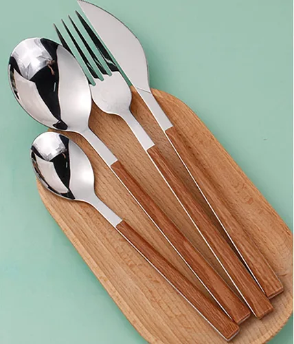 Vista 8 de Juego de cubiertos de madera de 32 piezas para 6 personas con mango de madera de imitación de madera de acero inoxidable para boda, hogar, cocina