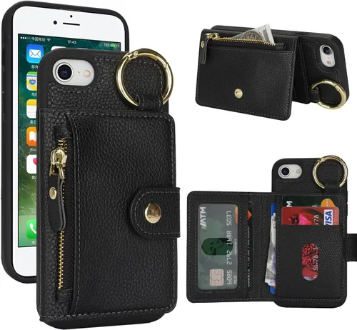 Vista 59 de Funda para iPhone 14 Plus con tarjetero, color negro Funda con cremallera y ranura para mujer y hombre