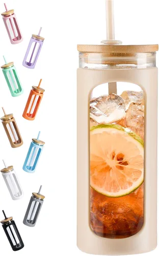 Vista 26 de Kodrine Vaso para agua de vidrio de 20 onzas con popote y tapa, botella de agua con tapas de bambú, taza para café helado, reutilizable, boca ancha