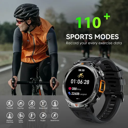 Vista 10 de Reloj inteligente militar para hombres con linterna LED 1.45 "HD Bluetooth Negro + correa de acero inoxidable extra