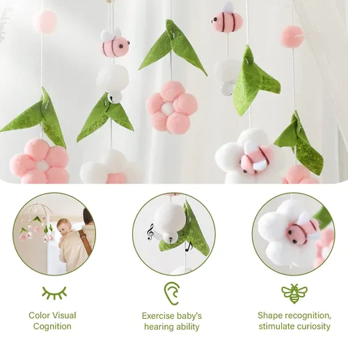 Vista 4 de OESSUF Móvil de bebé para cuna, móvil de guardería para cuna para niños y niñas, decoración de guardería con flor de abeja boho, juguete calmante