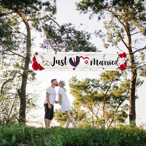 Vista 7 de Labakita Cartel grande de Just Married, cartel de ceremonia de boda para patio delantero, cartel de boda para exterior interior, suministros