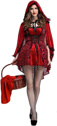 Vista 2 de Boleyn Disfraz de capucha roja para mujer, vestido sexy de cuento de hadas de Halloween, Rojo