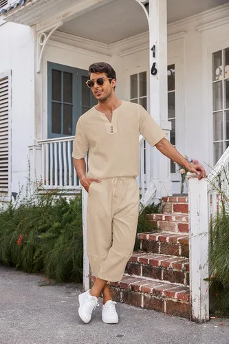 Vista 4 de COOFANDY Conjunto de 2 piezas de lino para hombre, camisa Henley de manga corta y pantalones capri harén, pierna ancha, holgados, pantalones de yoga