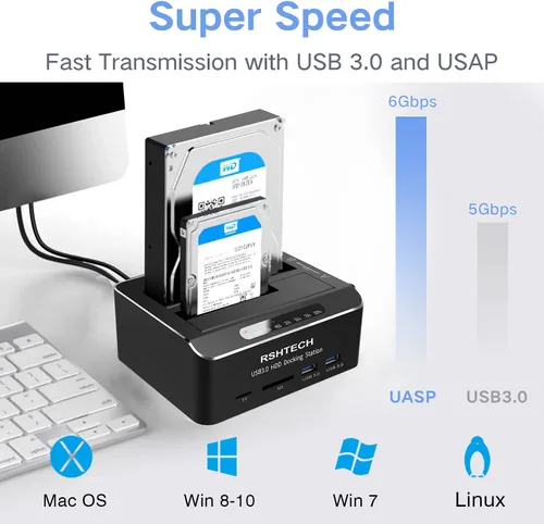 Vista 3 de Estación de acoplamiento para disco duro RSHTECH USB 3.0 Aluminio Dual Bay Hard Drive Dock para 2.5" y 3.5" SATA HDD SSD con lector de tarjetas