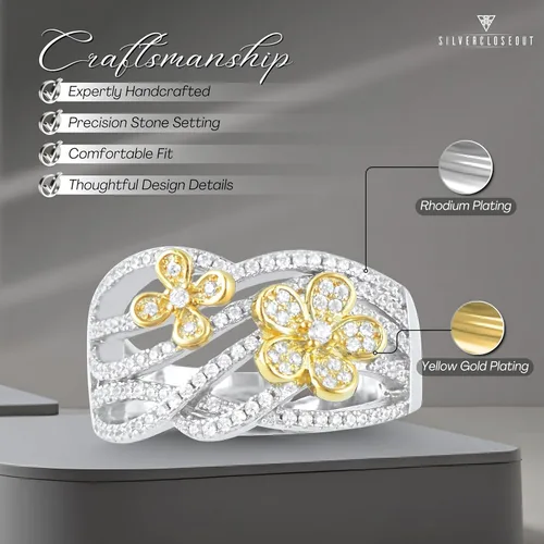 Vista 3 de SILVERCLOSEOUT Anillo de plata de ley con diamantes de imitación en dos tonos (talla 5-9)
