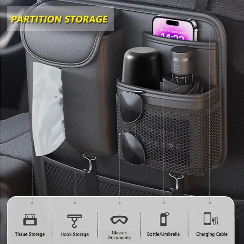 Vista 3 de Tumecos Bolsa de almacenamiento para el respaldo del asiento del automóvil, organizador de asiento trasero con caja de pañuelos, bolsillo