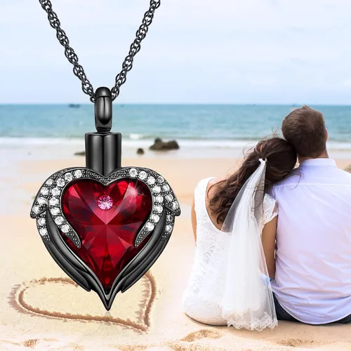 Vista 6 de shajwo Collar de Joyería de Cremación con Alas de Ángel y Corazón en Forma de Urna para Cenizas para Mujeres, Colgante Conmemorativo para Cenizas