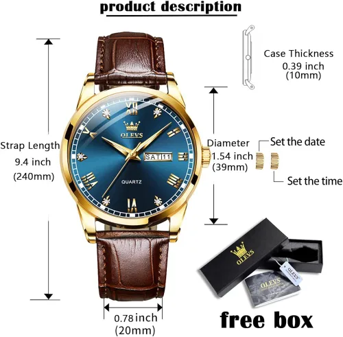 Vista 6 de OLEVS Tienda Watches, reloj de cuero marrón para hombre, reloj de fecha para hombre, reloj luminoso para hombre, reloj de vestir para hombre, reloj