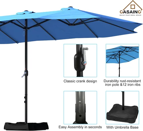 Vista 4 de CASAINC Sombrilla de patio de 15 pies con base de doble cara para exteriores, sombrilla rectangular doble con manivela, para jardín, terraza