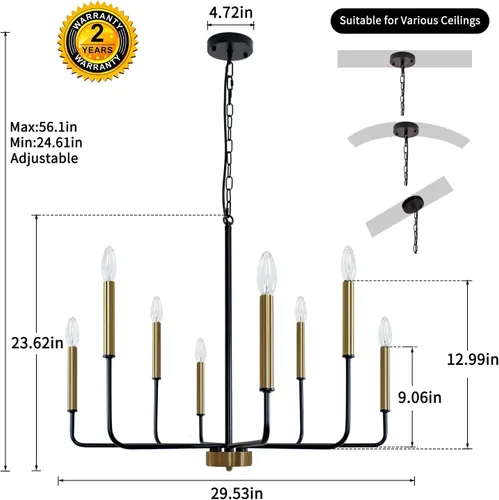 Vista 2 de Candelabro de 8 luces negras y doradas: candelabros estilo vela de 29.5 pulgadas con brazos de candelabro - Moderna lámpara de comedor de granja