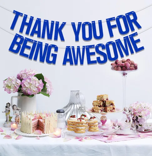 Vista 4 de Cartel de agradecimiento por ser impresionante con purpurina azul, pancarta con texto en inglés "We Will Miss You", cumpleaños, para jubilación