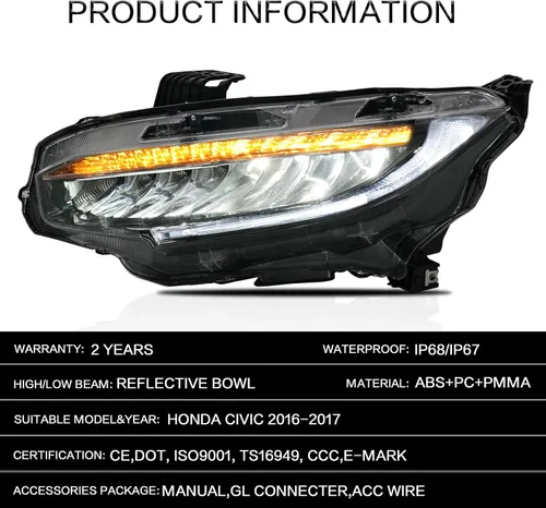 Vista 8 de VLAND Faros delanteros para Honda Civic de 10ª generación Sedan/Coupe/Hatchback/Type R 2016-2021