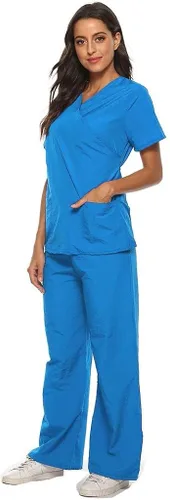 Vista 4 de Conjuntos de ropa quirúrgica para mujer, uniforme de enfermera, camiseta y pantalón deportivo, ropa de trabajo, elástico, de manga corta, cuello