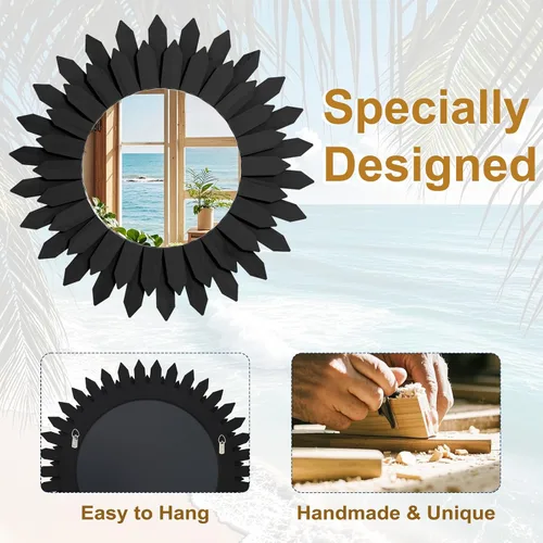 Vista 4 de Espejo de Pared Boho de 20 Pulgadas Negro con Diseño de Rayos de Sol - Espejo Circular de Madera para Pared, Espejo Circular Rústico Hecho a Mano
