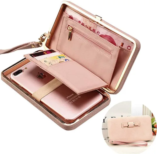 Vista 5 de Cartera larga con lazo para mujer, tarjetero para teléfono, bolsillo de gran capacidad, Rosa (Cherry Blossom Pink), Classic