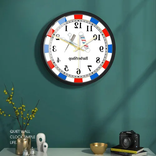 Vista 6 de Reloj de pared de metal para peluquería de 12 pulgadas, estilo retro, para peluquería, herramientas de peluquería, silencioso, sin tictac, funciona
