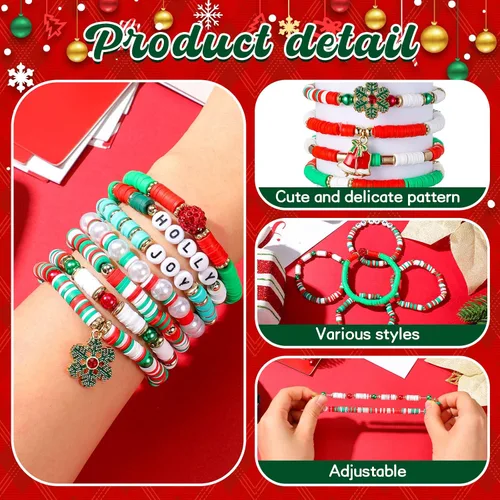 Vista 3 de Juego de 48 pulseras de Navidad apilables Heishi Surfer pulseras de Navidad con cuentas, pulseras de Navidad a granel para mujer, pulsera elástica