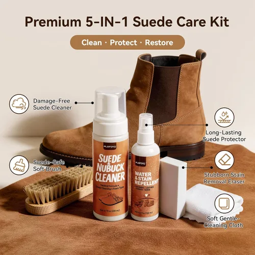 Vista 2 de Kit limpiador de zapatos de gamuza y nobuk 5 en 1 con cepillo y borrador de gamuza, paño, limpia, protege y restaura zapatos, botas, ugs