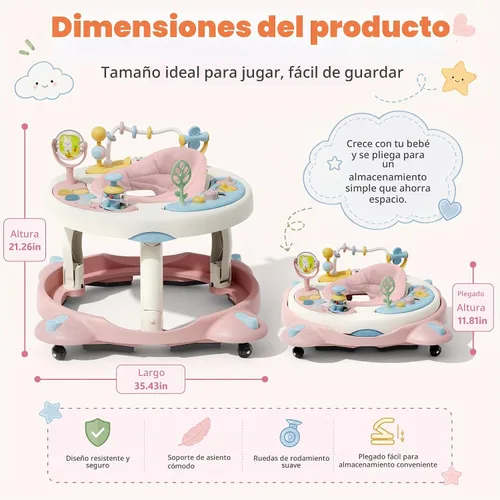 Vista 7 de Andador de bebé con ruedas, andador plegable para bebés de 6 a 12 meses, asiento giratorio de 3 posiciones con centro de actividad interactivo Rosa