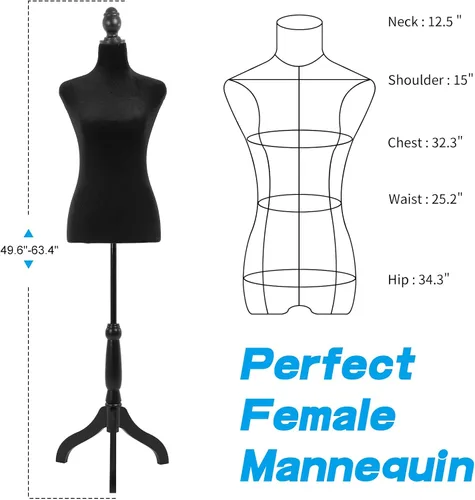 Vista 3 de Maniquí cuerpo vestido forma torso maniquí femenino 49.6-63.4 pulgadas maniquí con altura ajustable trípode de madera soporte para la exhibición