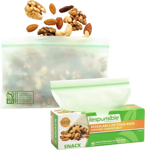 Vista 11 de Responsible Products Bolsa con cremallera resellable de gran galón compostable certificada, bolsas de alimentos extra resistentes, hechas