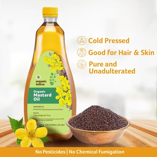 Vista 4 de Organic Tattva Aceite de mostaza prensado en frío (1 litro) – Aceite de mostaza orgánico fresco sin refinar para el cabello, cuidado de la piel