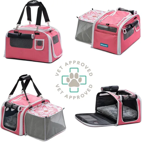 Vista 3 de Kittyrama Transportador para gatos aprobado por aerolíneas de lados suaves con escondite expandible Cremalleras autobloqueantes SBS a prueba