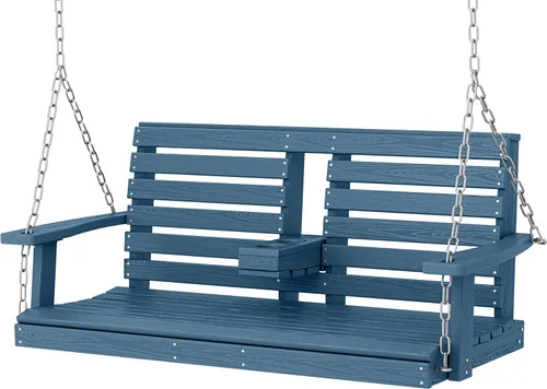 Vista 10 de KINGYES Columpio colgante para porche al aire libre, silla de patio de 2 asientos con portavasos, banco impermeable para patio y jardín, capacidad