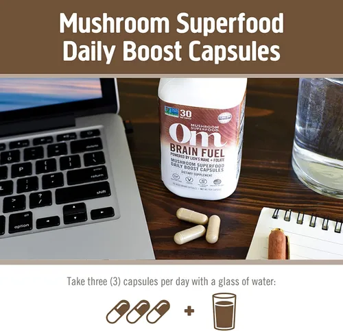 Vista 6 de OM MUSHROOM SUPERFOOD Brain Fuel - Cápsulas en polvo de hongos suplemento superalimentario, 90 unidades, 30 días, melena de león, mezcla de reishi