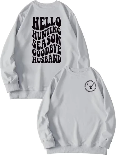Vista 21 de DUDIHOHX Hello Hunting Season Goodbye Husband - Sudadera de manga larga con estampado de moda, casual, cuello redondo