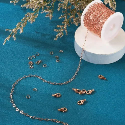 Vista 6 de PH PandaHall Cadenas de eslabones de corazón de latón de 16.4 pies, cadenas de corazón chapadas en oro rosa de 18 quilates, cadenas de joyería