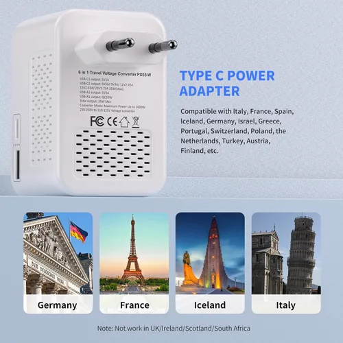 Vista 7 de PD - Convertidor de voltaje de 35 W de EE. UU. a Europa - Convertidor de 1600 W 220 V a 110 V para viajes europeos - Diseño de viaje compacto con 2