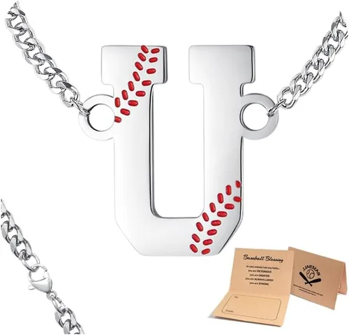Vista 23 de QINJIEJIE Collar de béisbol inicial A-Z con letras, accesorios deportivos, colgante de encanto de béisbol, joyería de cadena de acero inoxidable 2-P