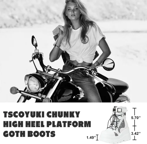 Vista 3 de Tscoyuki Botines de plataforma para mujer, botines de tacón alto gruesos, botas de combate góticas, botas de combate para mujer, con cordones, cuñas
