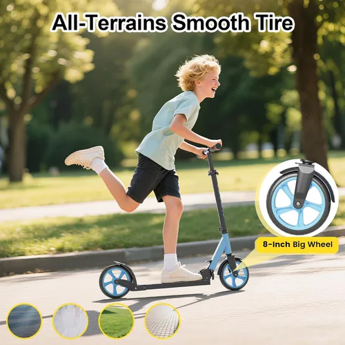 Vista 4 de SIMATE Patinete de impulso para niños, adolescentes y adultos, 4 alturas ajustables, ruedas grandes todo terreno de 8 pulgadas, plegable y ligero