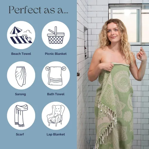 Vista 3 de InfuseZen Toalla turca de baño y playa, diseño de medallón reversible, 100% algodón turco orgánico, suave, ligera, absorbente, peshtemal, de secado