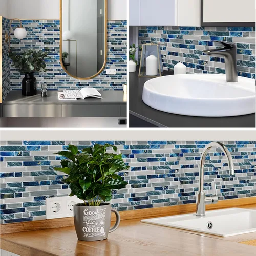 Vista 3 de Azulejos Autoadhesivos Despegar y Pegar para Salpicadero 12"x12" Pegatinas de Azulejos Autoadhesivos para Cocina Baño - Azul, 5 Hojas