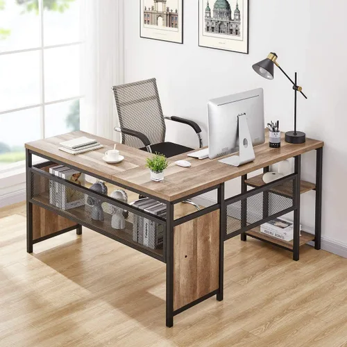 Vista 3 de FATORRI Escritorio para computadora en forma de L y mesa consola para sala de estar (roble rústico)
