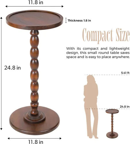 Vista 3 de Mesa auxiliar redonda con pedestal de madera maciza con borde superior de bandeja – Mesa auxiliar giratoria de bobina para sala de estar