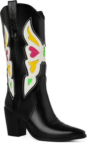 Vista 6 de Botas vaqueras bordadas estilo vaquero para mujer, botas de media pantorrilla, botas de tacón grueso
