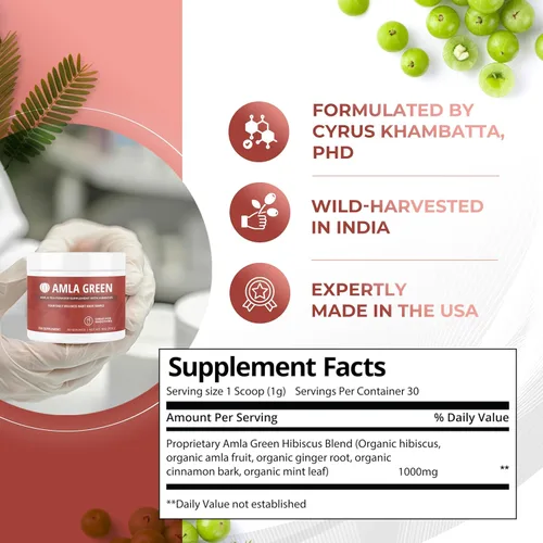 Vista 2 de Polvo de Amla y Té Verde - Suplemento de Superalimento con Hibisco, 20x Amla Ultra Concentrada, Apoyo Antioxidante, Hecho con Té Oolong y Grosellas
