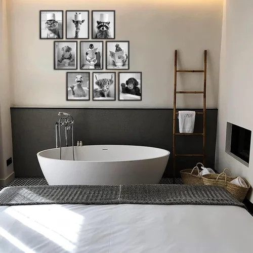 Vista 4 de Kizbok Arte Gracioso para Pared de Baño, Arte en Blanco y Negro, Impresiones de Arte de Baño en Lienzo de Animales Lindos, Carteles Graciosos