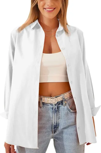 Vista 2 de HangNiFang Camisas de gran tamaño con botones para mujer, de manga larga, ajuste holgado, blusas elegantes para el trabajo