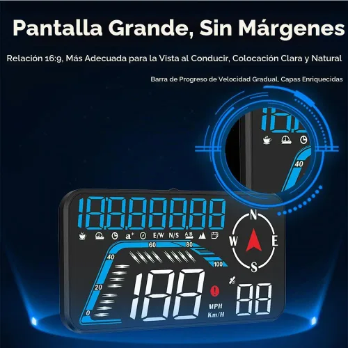 Vista 3 de Riloer Pantalla frontal para automóvil con chip GPS, brújula y sensor de luz, HUD con pantalla LED HD de 5.5 pulgadas (12.18 * 6.85cm), pantalla