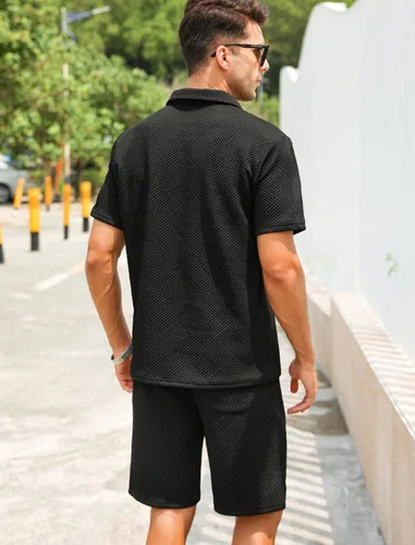 Vista 4 de EISHOPEER Conjunto de camisa polo y pantalón corto para hombre, trajes de verano a la moda con cremallera para hombre, manga corta, 2 piezas