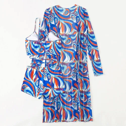 Vista 6 de Traje de baño de 3 piezas para mujer, estampado floral, ropa de playa para mujer, bikini de cintura alta con kimono #