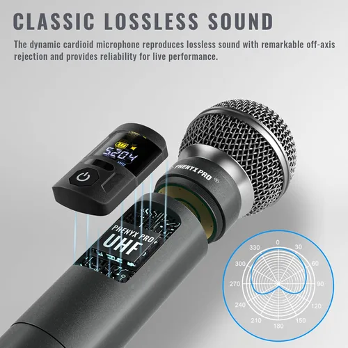 Vista 5 de Phenyx Pro Sistema de Micrófono Inalámbrico, Juego de Micrófono Inalámbrico de Metal con Micrófonos de Mano/Bodypack/Auricular/Pinza, 2 x 30